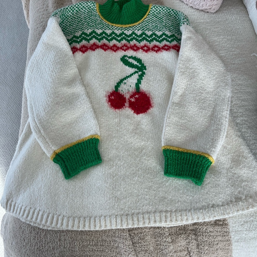 Vintage Cherry Knit Sweater - Green and White